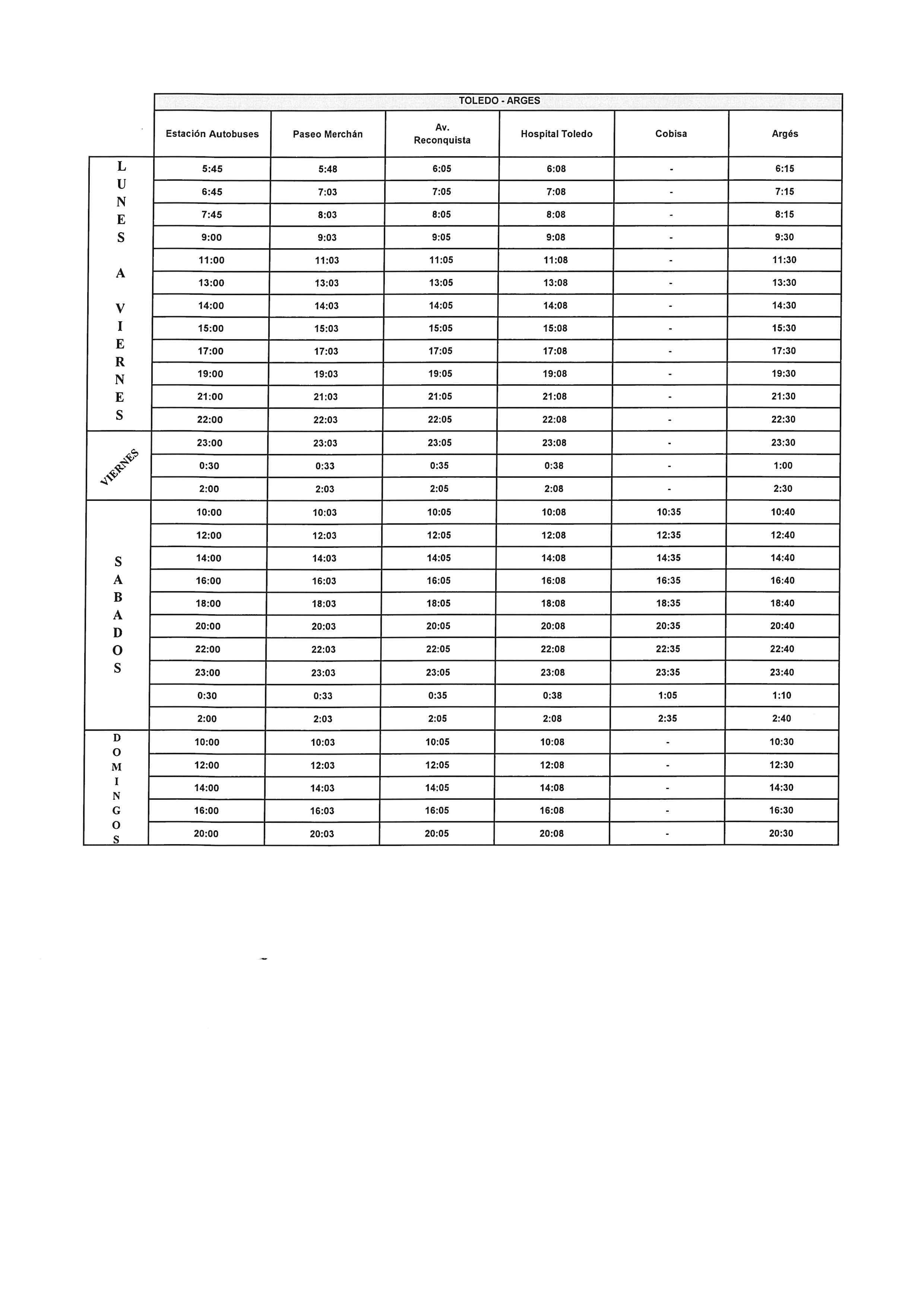 HORARIOS ASTRA  TOLEDO - ARGES 